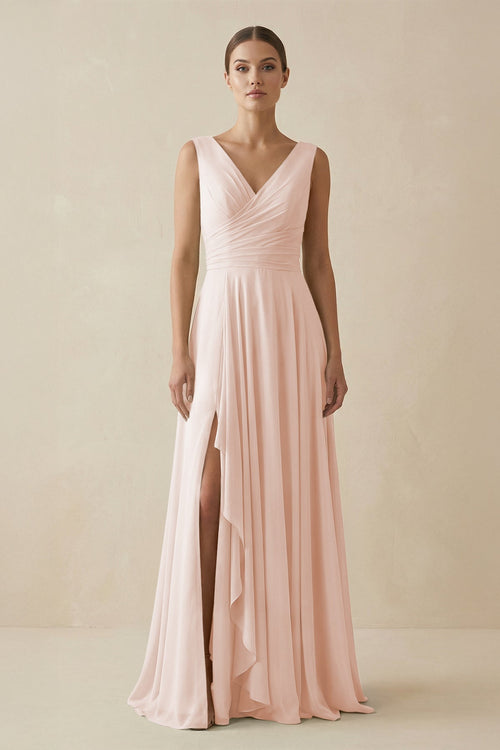 V - Neck A - Line Chiffon Ruffled Bridesmaid Dress in Pale Blush - KissProm Bridesmaid Dresses