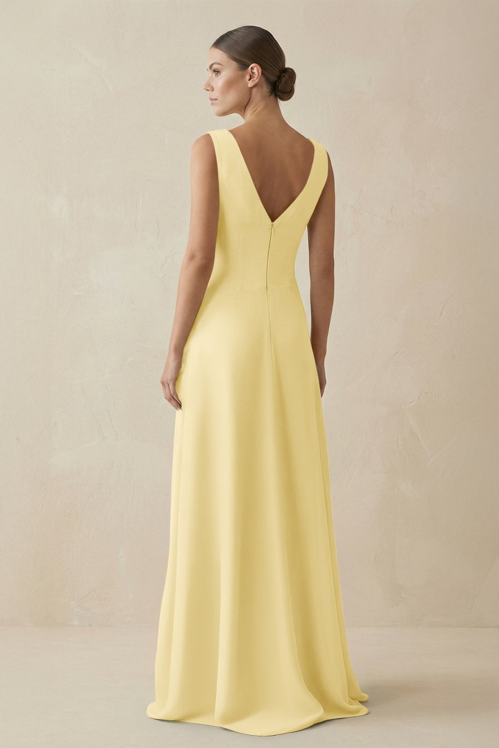 V - Neck A - Line Chiffon Ruffled Bridesmaid Dress in Pastel Yellow - KissProm Bridesmaid Dresses