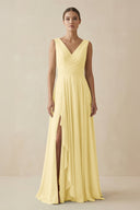 V - Neck A - Line Chiffon Ruffled Bridesmaid Dress in Pastel Yellow - KissProm Bridesmaid Dresses