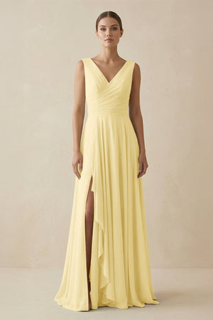 V - Neck A - Line Chiffon Ruffled Bridesmaid Dress in Pastel Yellow - KissProm Bridesmaid Dresses