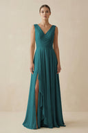 V - Neck A - Line Chiffon Ruffled Bridesmaid Dress in Pine - KissProm Bridesmaid Dresses