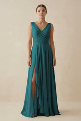 V - Neck A - Line Chiffon Ruffled Bridesmaid Dress in Pine - KissProm Bridesmaid Dresses