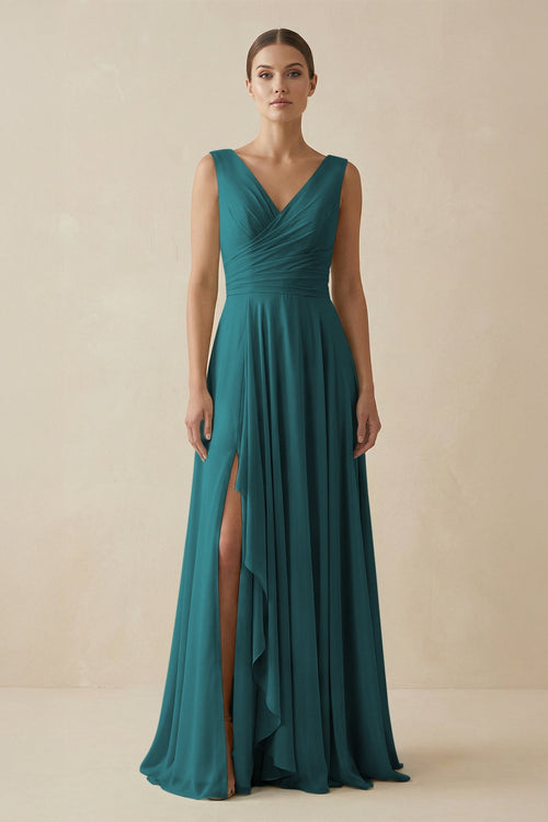V - Neck A - Line Chiffon Ruffled Bridesmaid Dress in Pine - KissProm Bridesmaid Dresses
