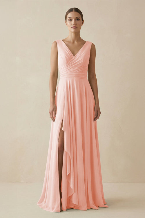V - Neck A - Line Chiffon Ruffled Bridesmaid Dress in Rose Petal - KissProm Bridesmaid Dresses