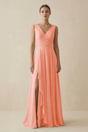V - Neck A - Line Chiffon Ruffled Bridesmaid Dress in Rosette - KissProm Bridesmaid Dresses