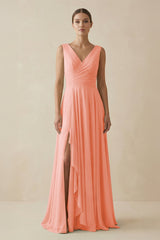 V - Neck A - Line Chiffon Ruffled Bridesmaid Dress in Rosette - KissProm Bridesmaid Dresses