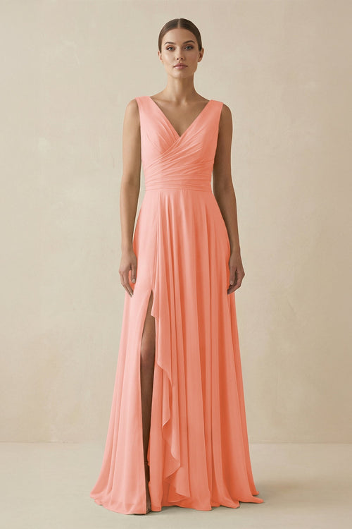 V - Neck A - Line Chiffon Ruffled Bridesmaid Dress in Rosette - KissProm Bridesmaid Dresses