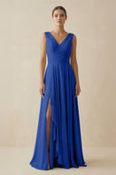 V - Neck A - Line Chiffon Ruffled Bridesmaid Dress in Royal Blue - KissProm Bridesmaid Dresses