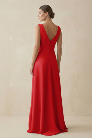 V - Neck A - Line Chiffon Ruffled Bridesmaid Dress in Ruby Red - KissProm Bridesmaid Dresses