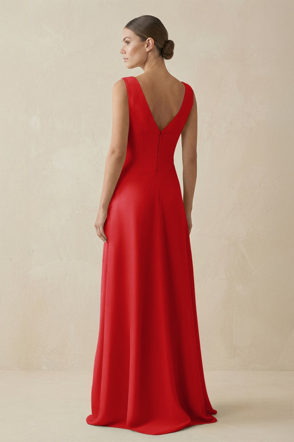 V - Neck A - Line Chiffon Ruffled Bridesmaid Dress in Ruby Red - KissProm Bridesmaid Dresses