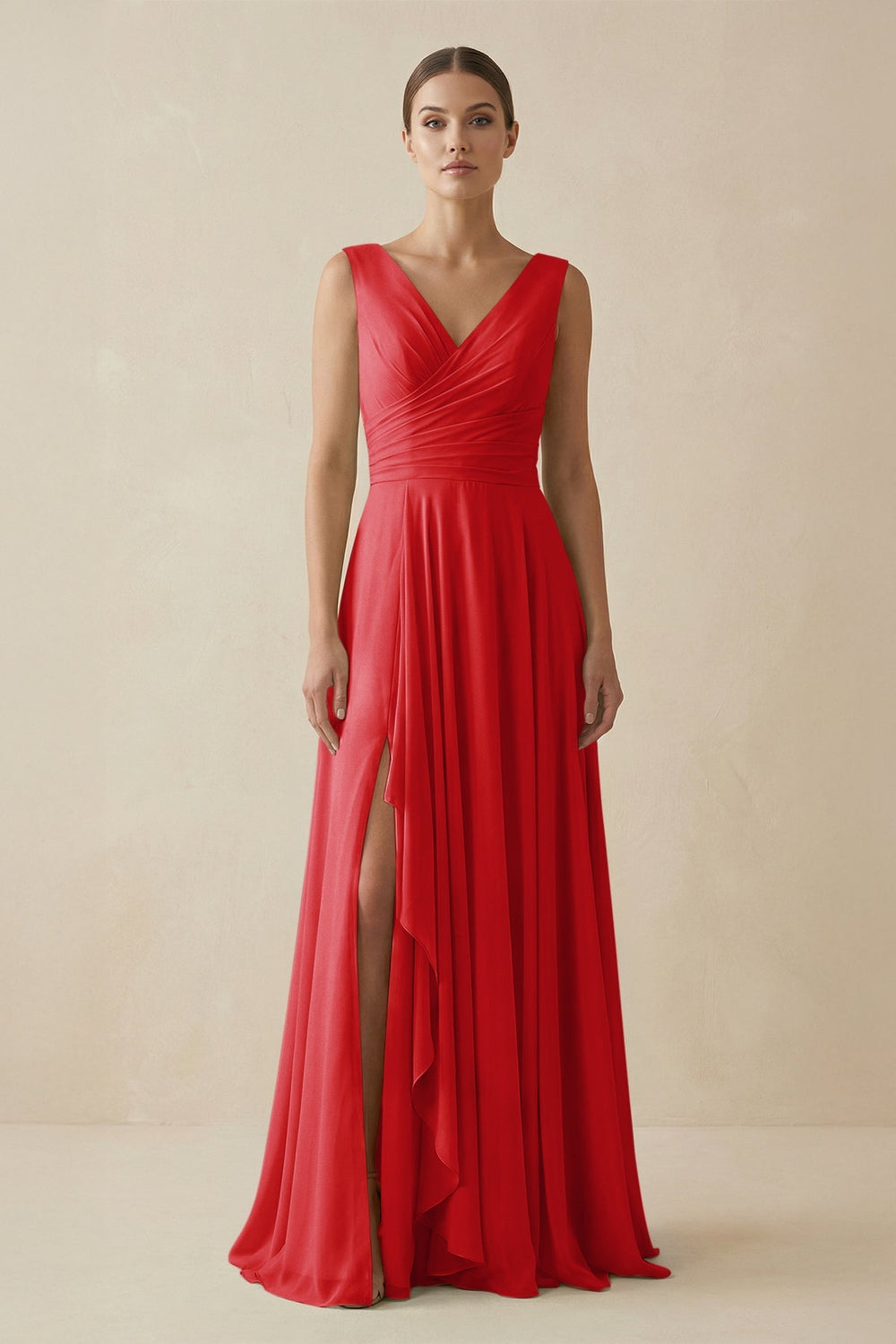 V - Neck A - Line Chiffon Ruffled Bridesmaid Dress in Ruby Red - KissProm Bridesmaid Dresses