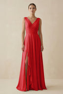 V - Neck A - Line Chiffon Ruffled Bridesmaid Dress in Ruby Red - KissProm Bridesmaid Dresses