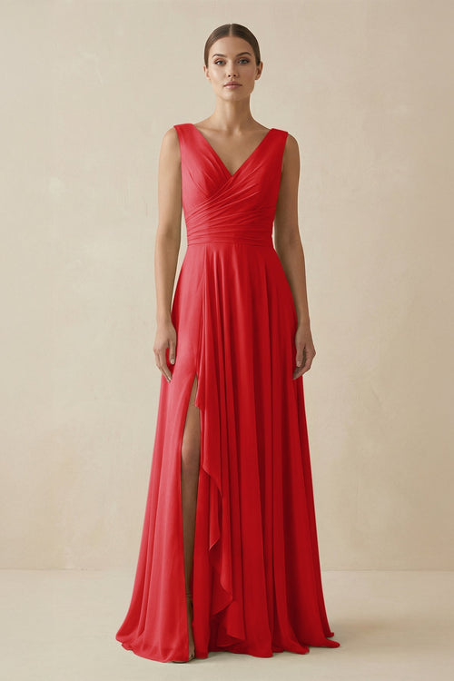 V - Neck A - Line Chiffon Ruffled Bridesmaid Dress in Ruby Red - KissProm Bridesmaid Dresses