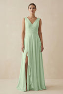 V - Neck A - Line Chiffon Ruffled Bridesmaid Dress in Sage - KissProm Bridesmaid Dresses