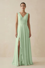 V - Neck A - Line Chiffon Ruffled Bridesmaid Dress in Sage - KissProm Bridesmaid Dresses