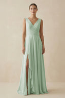 V - Neck A - Line Chiffon Ruffled Bridesmaid Dress in Sage - KissProm Bridesmaid Dresses