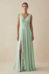 V - Neck A - Line Chiffon Ruffled Bridesmaid Dress in Sage - KissProm Bridesmaid Dresses