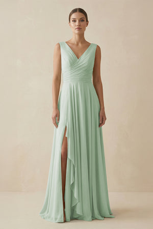 V - Neck A - Line Chiffon Ruffled Bridesmaid Dress in Sage - KissProm Bridesmaid Dresses
