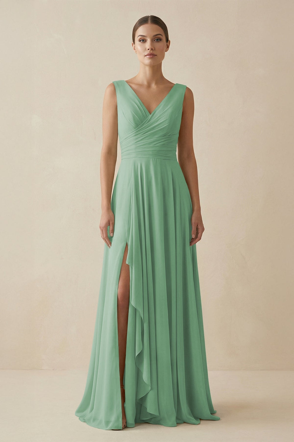 V - Neck A - Line Chiffon Ruffled Bridesmaid Dress in Sea Glass - KissProm Bridesmaid Dresses