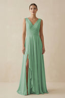 V - Neck A - Line Chiffon Ruffled Bridesmaid Dress in Sea Glass - KissProm Bridesmaid Dresses