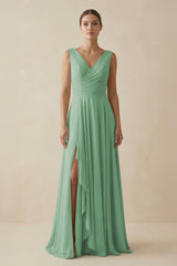 V - Neck A - Line Chiffon Ruffled Bridesmaid Dress in Sea Glass - KissProm Bridesmaid Dresses