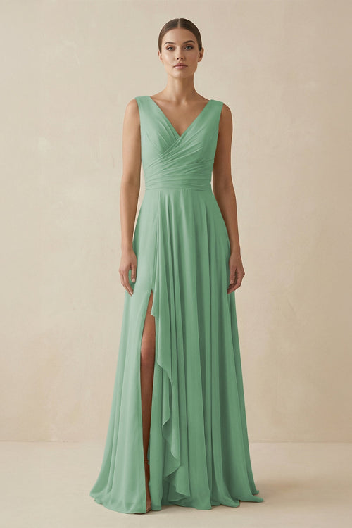 V - Neck A - Line Chiffon Ruffled Bridesmaid Dress in Sea Glass - KissProm Bridesmaid Dresses