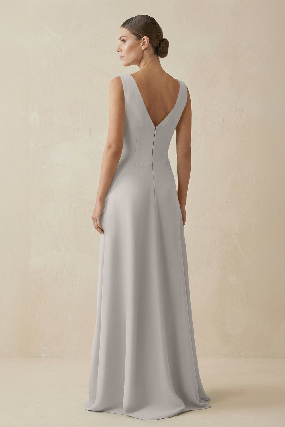 V - Neck A - Line Chiffon Ruffled Bridesmaid Dress in Silver - KissProm Bridesmaid Dresses