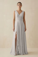 V - Neck A - Line Chiffon Ruffled Bridesmaid Dress in Silver - KissProm Bridesmaid Dresses