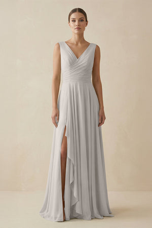 V - Neck A - Line Chiffon Ruffled Bridesmaid Dress in Silver - KissProm Bridesmaid Dresses