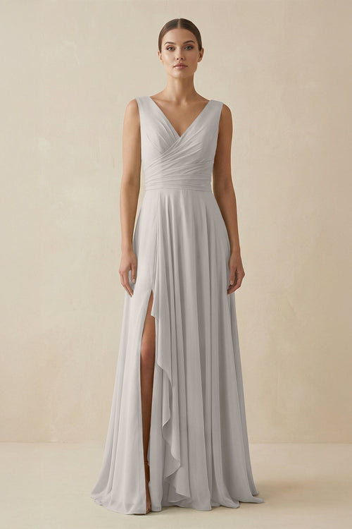 V - Neck A - Line Chiffon Ruffled Bridesmaid Dress in Silver - KissProm Bridesmaid Dresses