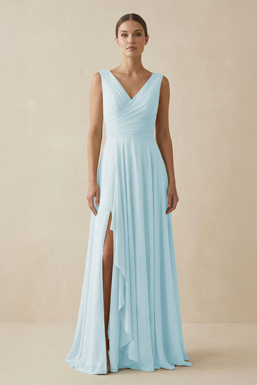 V - Neck A - Line Chiffon Ruffled Bridesmaid Dress in Sky Blue - KissProm Bridesmaid Dresses