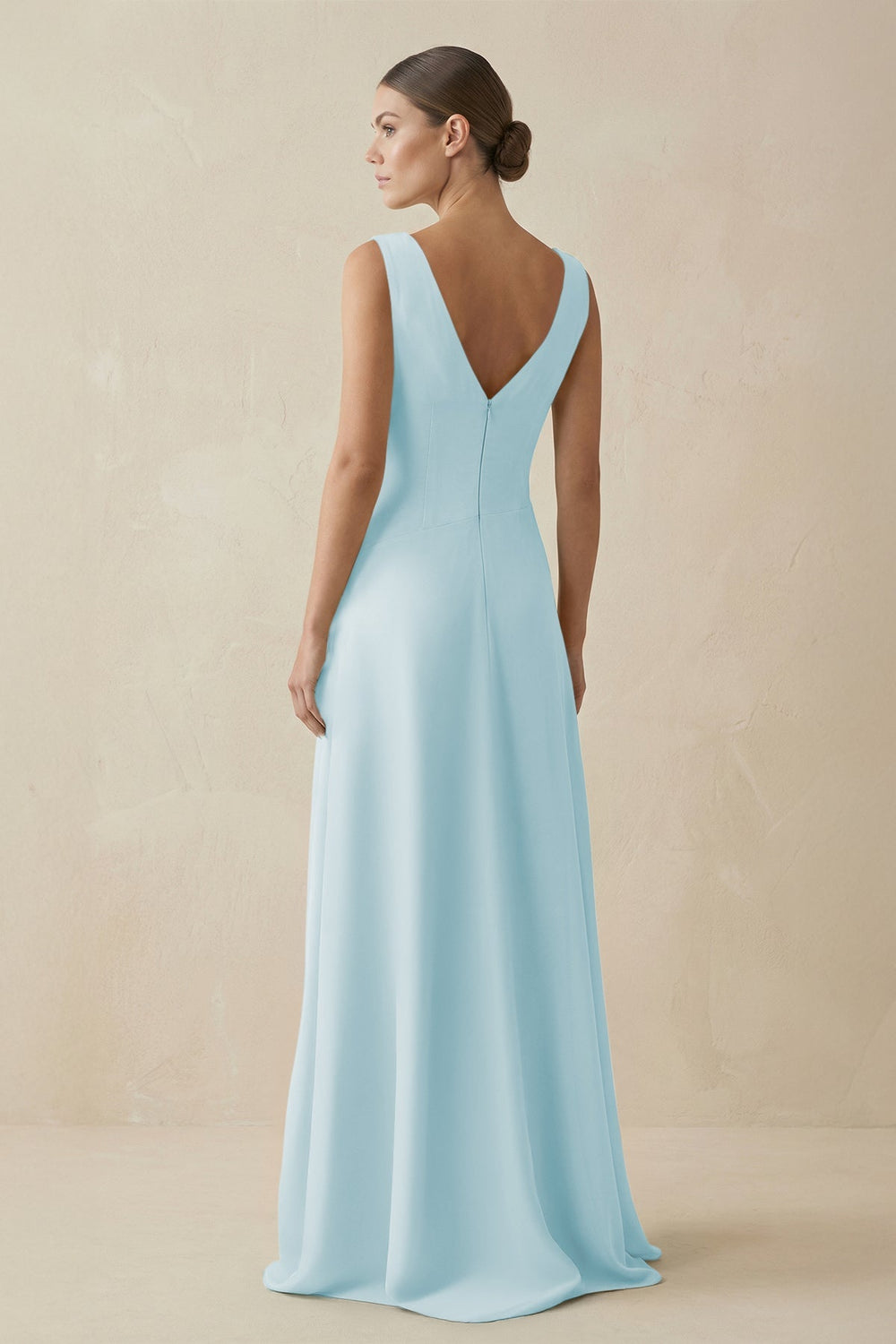 V - Neck A - Line Chiffon Ruffled Bridesmaid Dress in Sky Blue - KissProm Bridesmaid Dresses