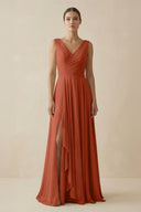 V - Neck A - Line Chiffon Ruffled Bridesmaid Dress in Spice - KissProm Bridesmaid Dresses