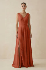 V - Neck A - Line Chiffon Ruffled Bridesmaid Dress in Spice - KissProm Bridesmaid Dresses