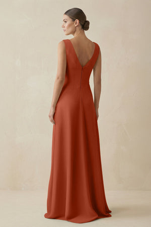 V - Neck A - Line Chiffon Ruffled Bridesmaid Dress in Spice - KissProm Bridesmaid Dresses