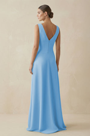V - Neck A - Line Chiffon Ruffled Bridesmaid Dress in Steel Blue - KissProm Bridesmaid Dresses