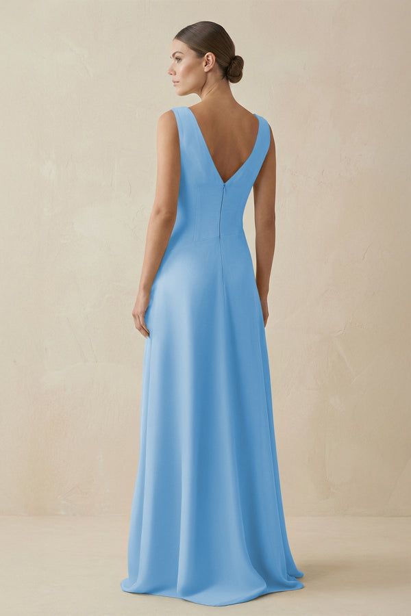V - Neck A - Line Chiffon Ruffled Bridesmaid Dress in Steel Blue - KissProm Bridesmaid Dresses
