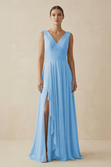 V - Neck A - Line Chiffon Ruffled Bridesmaid Dress in Steel Blue - KissProm Bridesmaid Dresses