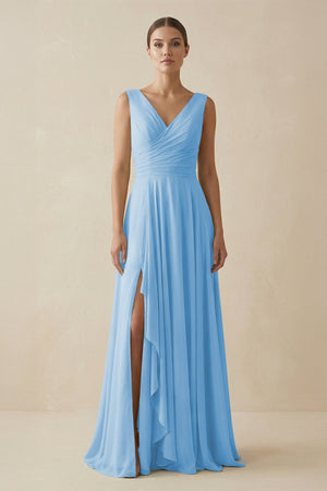 V - Neck A - Line Chiffon Ruffled Bridesmaid Dress in Steel Blue - KissProm Bridesmaid Dresses