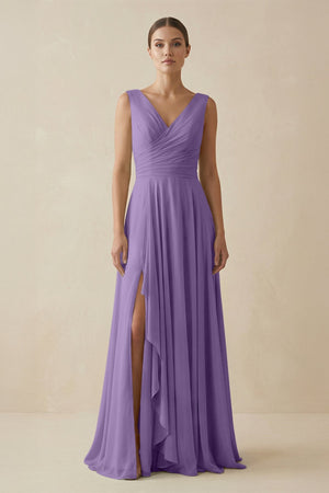 V - Neck A - Line Chiffon Ruffled Bridesmaid Dress in Tahiti - KissProm Bridesmaid Dresses