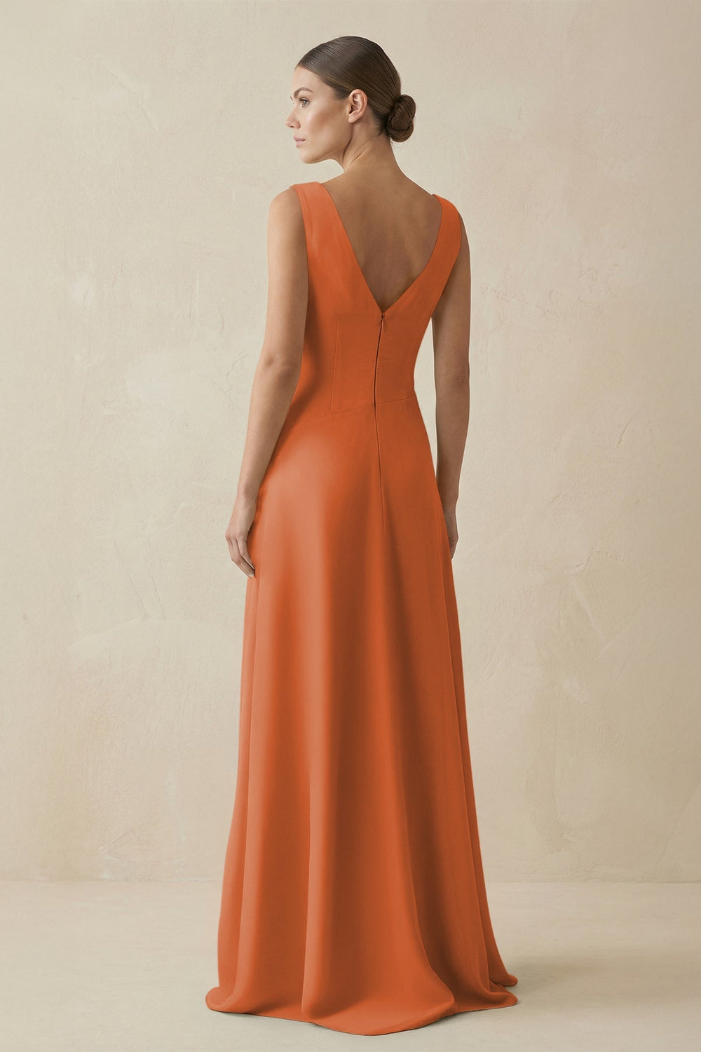 V - Neck A - Line Chiffon Ruffled Bridesmaid Dress in Terracotta - KissProm Bridesmaid Dresses
