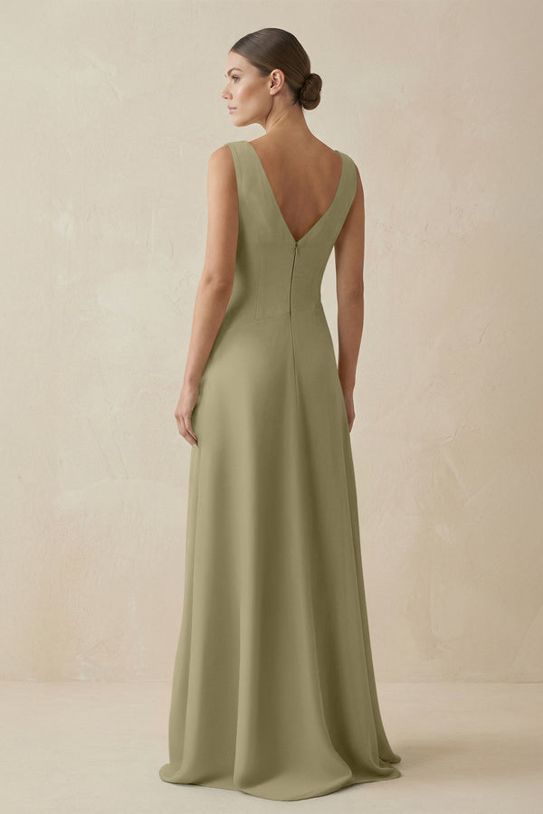 V - Neck A - Line Chiffon Ruffled Bridesmaid Dress in Thyme - KissProm Bridesmaid Dresses