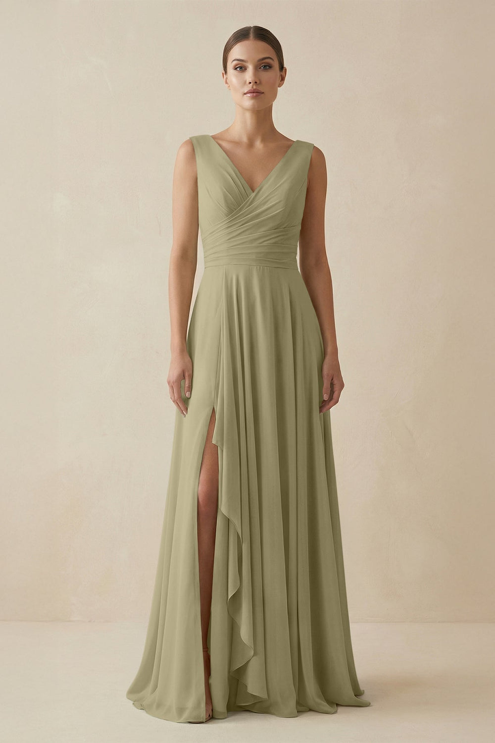 V - Neck A - Line Chiffon Ruffled Bridesmaid Dress in Thyme - KissProm Bridesmaid Dresses