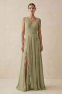 V - Neck A - Line Chiffon Ruffled Bridesmaid Dress in Thyme - KissProm Bridesmaid Dresses