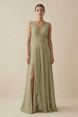 V - Neck A - Line Chiffon Ruffled Bridesmaid Dress in Thyme - KissProm Bridesmaid Dresses