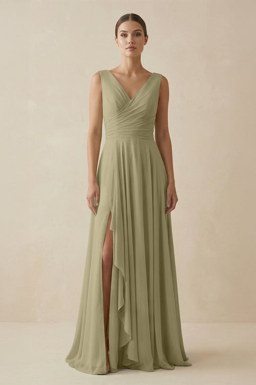 V - Neck A - Line Chiffon Ruffled Bridesmaid Dress in Thyme - KissProm Bridesmaid Dresses