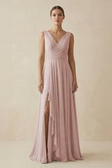 V - Neck A - Line Chiffon Ruffled Bridesmaid Dress in Toffee - KissProm Bridesmaid Dresses