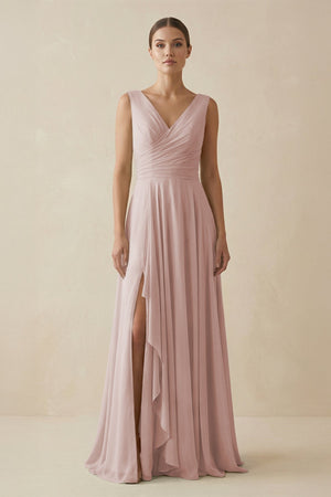 V - Neck A - Line Chiffon Ruffled Bridesmaid Dress in Toffee - KissProm Bridesmaid Dresses