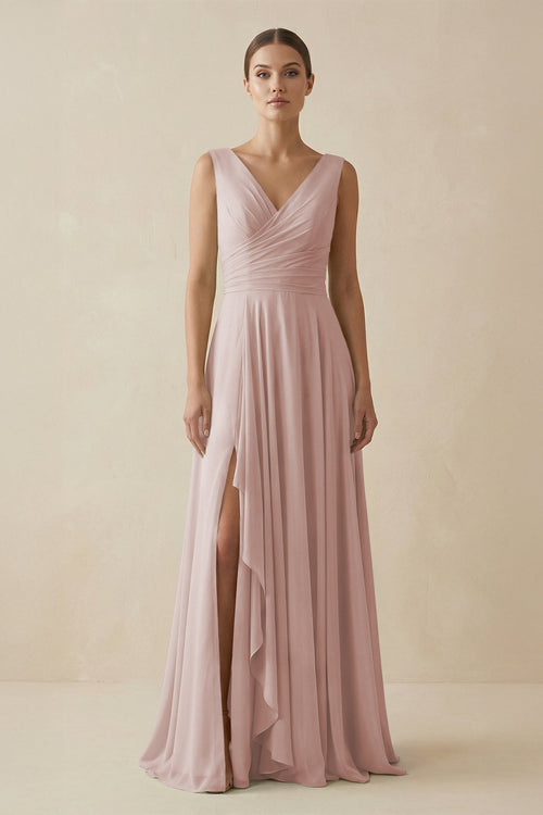 V - Neck A - Line Chiffon Ruffled Bridesmaid Dress in Toffee - KissProm Bridesmaid Dresses