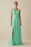 V - Neck A - Line Chiffon Ruffled Bridesmaid Dress in Turquoise - KissProm Bridesmaid Dresses